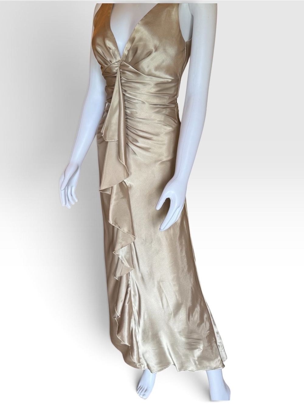 Rampage Champagne Satin V-Neck Ruffle Maxi Dress